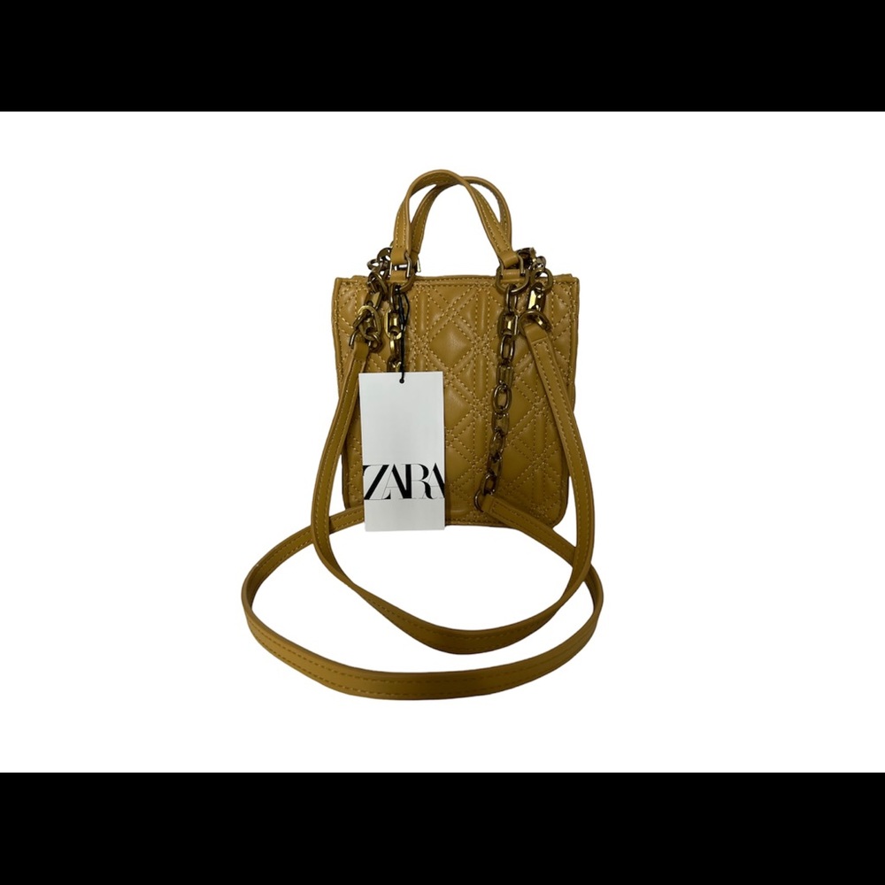 Zara Womens Shoulder Bag Quilt Mustard Yellow Mini Tote Crossbody Bag Purse New - Picture 14 of 15